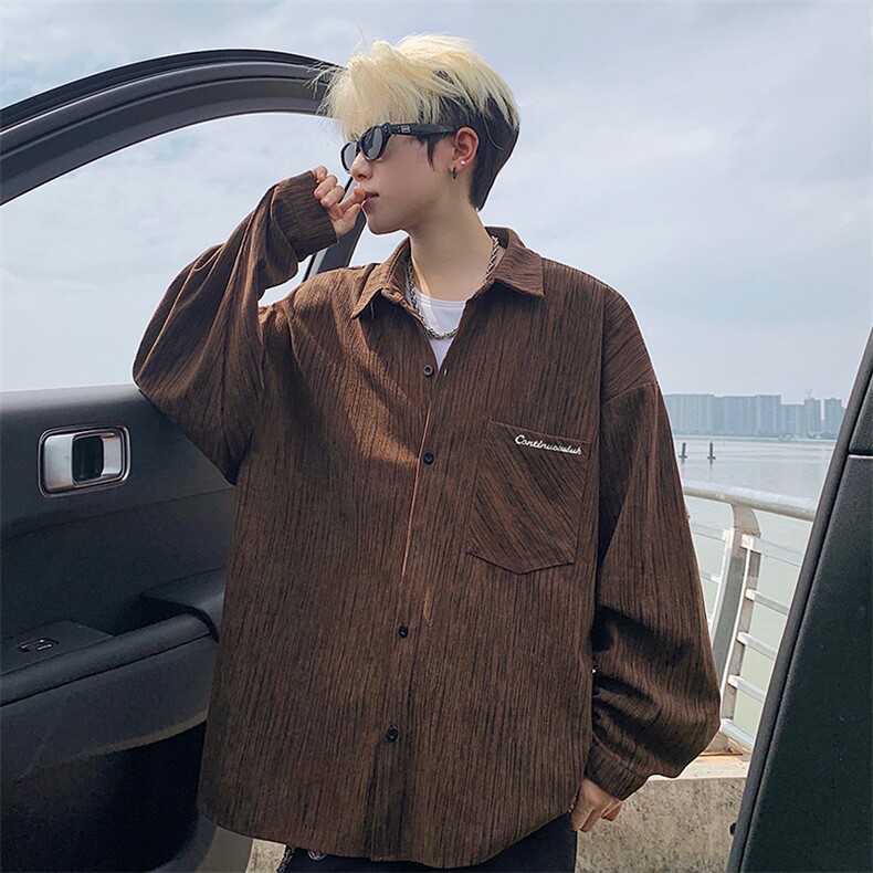 衬衫男秋季新款港风宽松大码灯芯绒扎染刺绣长袖衬衣CS8102-P42，男装衬衫，星座214-3