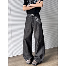 美式复古蟒皮拼接牛仔裤弯刀裤子设计感直筒裤潮牌百搭NZ153-P55，男装皮裤，星座1103-2