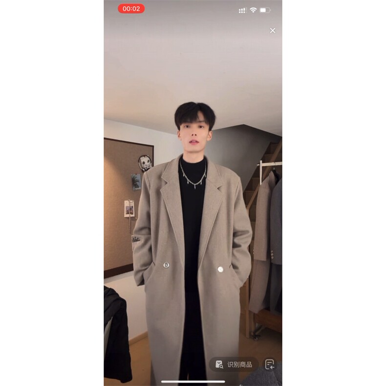 黑色中长款毛呢大衣男款冬季加厚呢子风衣外套310A-F88-P80图片