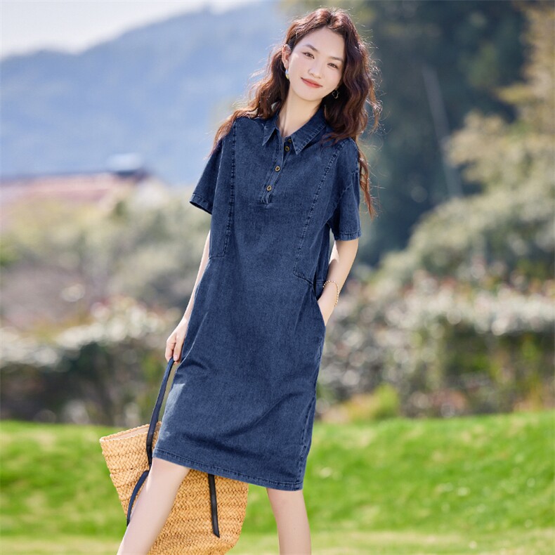 夏装休闲宽松中长款短袖连衣裙,女装连衣裙,文熹诺