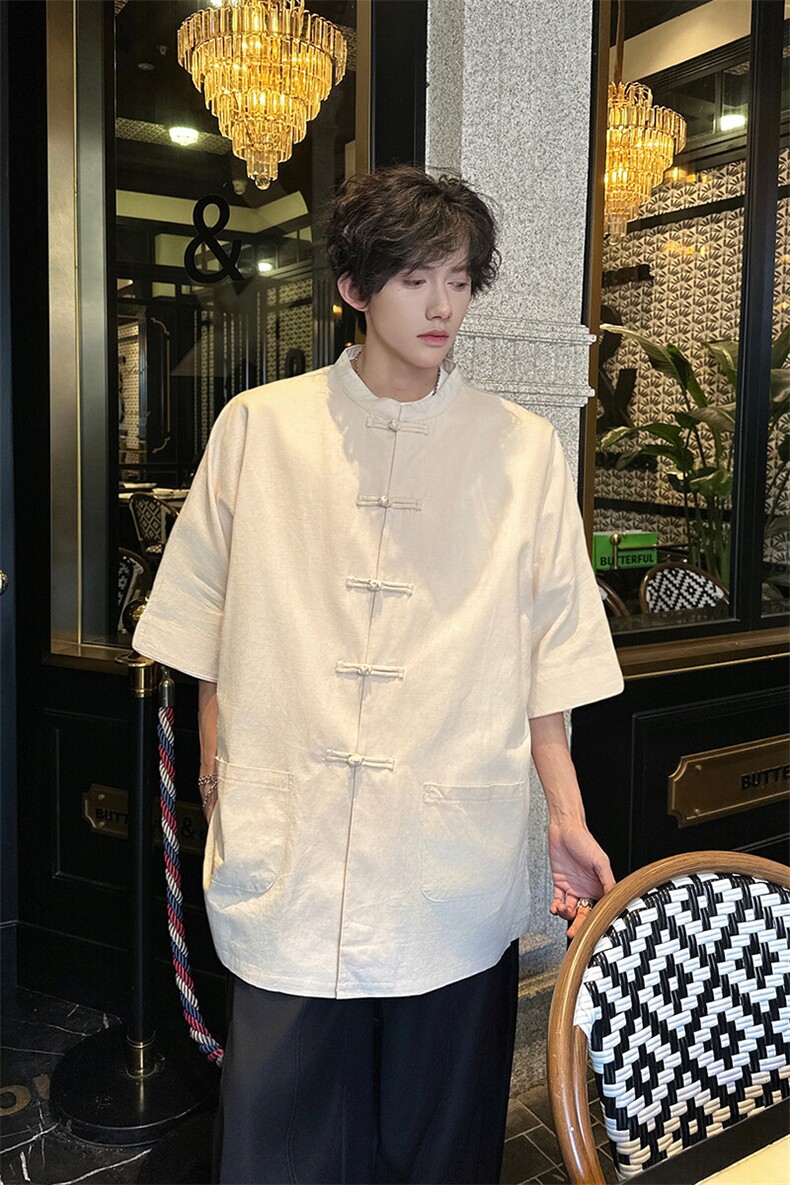 8XL-M新中式衬衫男中山装麻棉风复古中袖衬衣唐装CS527P60,男装衬衫,电商D206-1