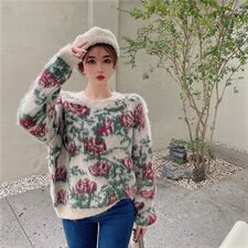 价ins马海毛磨毛质感花朵宽松软糯圆领套头毛衣，女装针织衫/毛衣，潮品会