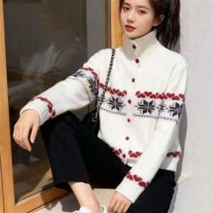 针织开衫女秋冬坑条加厚外套小个子羊毛衫