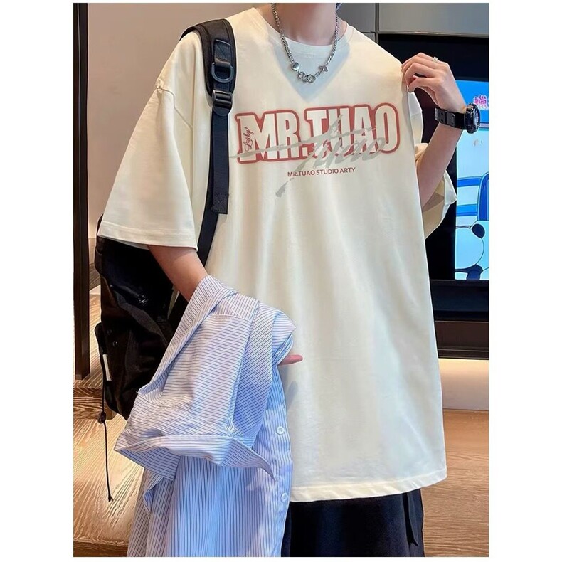 现货美式潮牌半袖百搭简约圆领重磅五分袖男夏季宽松纯棉印花上衣图片