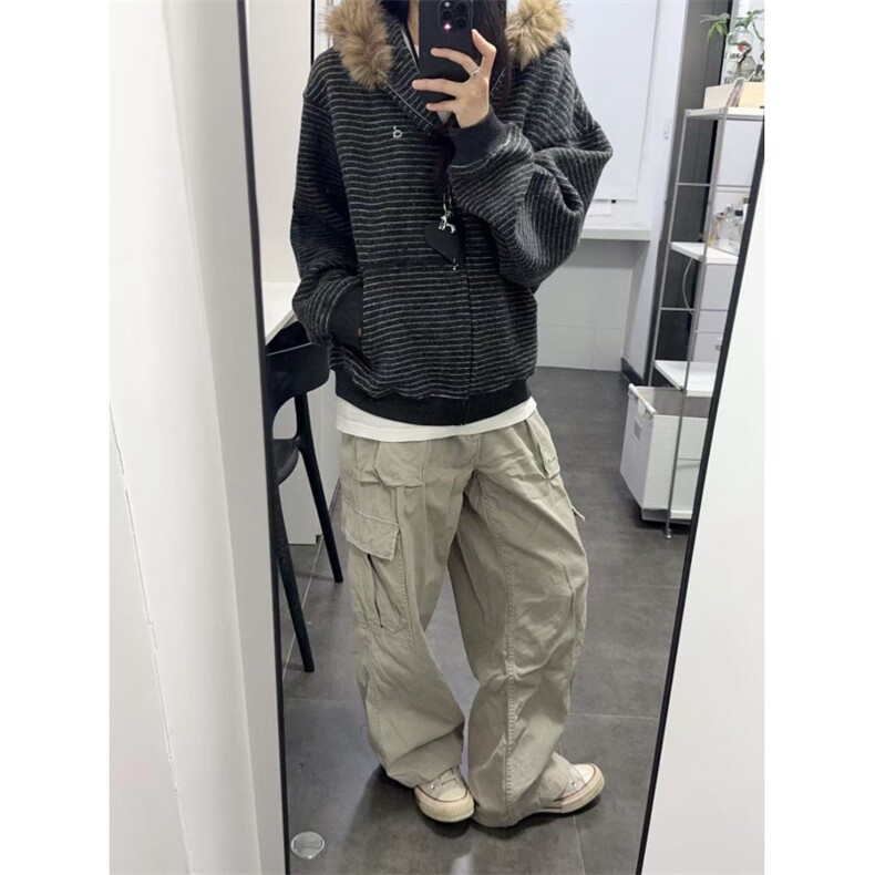 网图美式复古条纹连帽卫衣外套男高级感情侣针织开衫JK0721-特P88,女装短外套,星座1007（原301D）