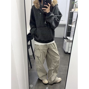 网图美式复古条纹连帽卫衣外套男高级感情侣针织开衫JK0721-特P88图片