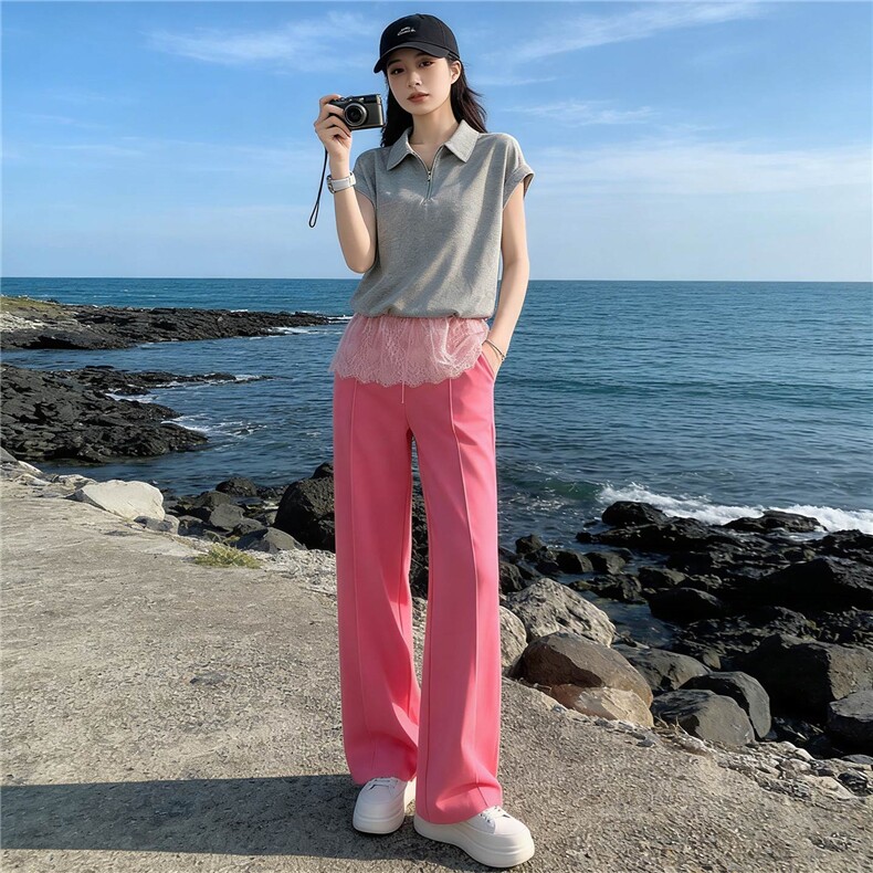 女夏季新款欧韩时尚休闲运动套装蕾丝拼接短袖高腰阔腿长裤两件套,女装套装/套裙,江南