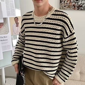 594-P33 黑白条纹镂空针织衫男女日系慵懒风高级感长袖打底衫图片