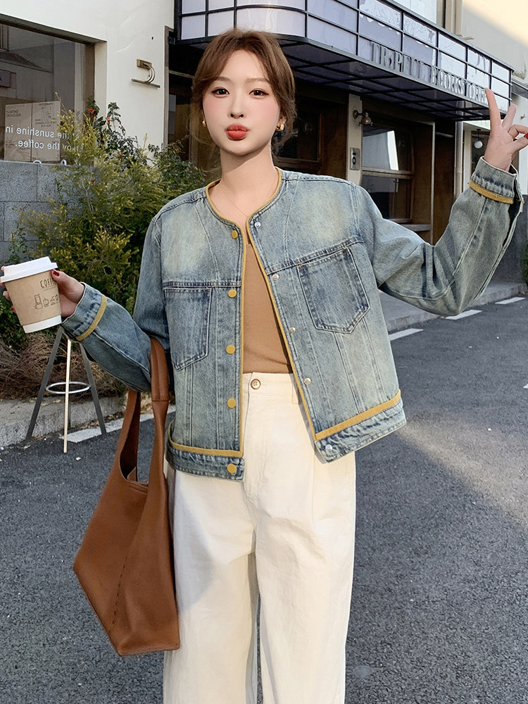 韩版休闲圆领撞色牛仔外套女2025早春新款小个子减龄宽松夹克上衣,女装牛仔外套,蝶眷