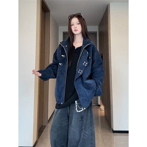 现货 美式宽松设计感金属飞机扣防水PU皮扎染夹克5352/P72图片