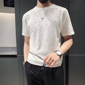 男装烫钻短袖毛衣男士羊毛衫半袖时尚针织打底衫丝光棉烫钻 M868图片