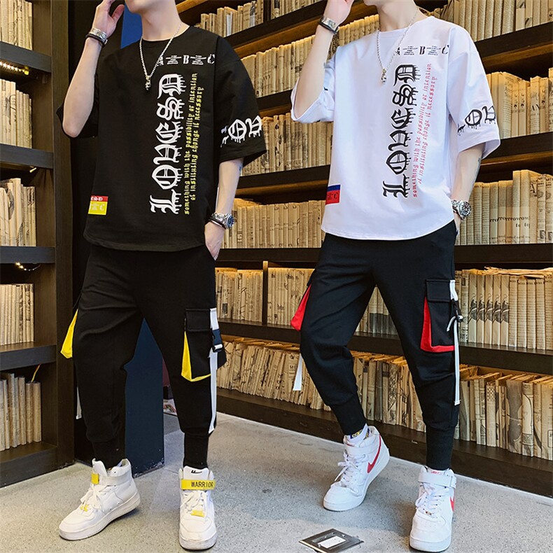 夏季新款潮流韩版宽松休闲帅气T恤青少年时尚套装男装F173P75图片