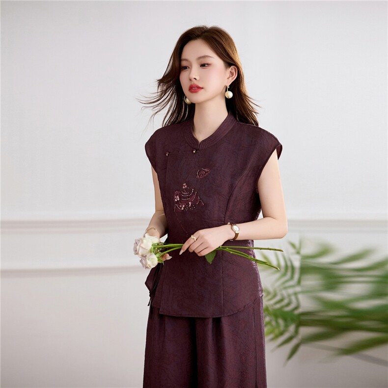 新中式绣花阔腿裤两件套女式，女装套装/套裙，素月