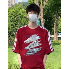 抖音得物高品质二开240克宽松纯棉美式潮牌三条杠织带短袖T恤，男装T恤，电商A486-1