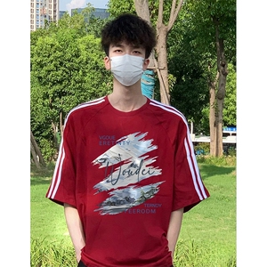抖音得物高品质二开240克宽松纯棉美式潮牌三条杠织带短袖T恤图片