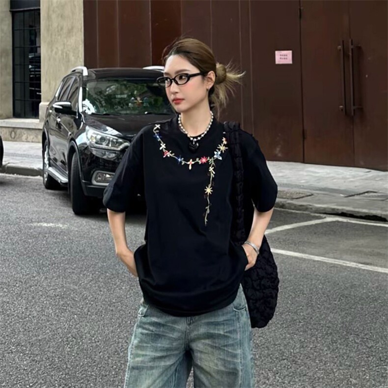 万针全刺绣工艺抖音得物高品质260克重磅纯棉双纱美式高街短袖T恤,男装T恤,电商A486