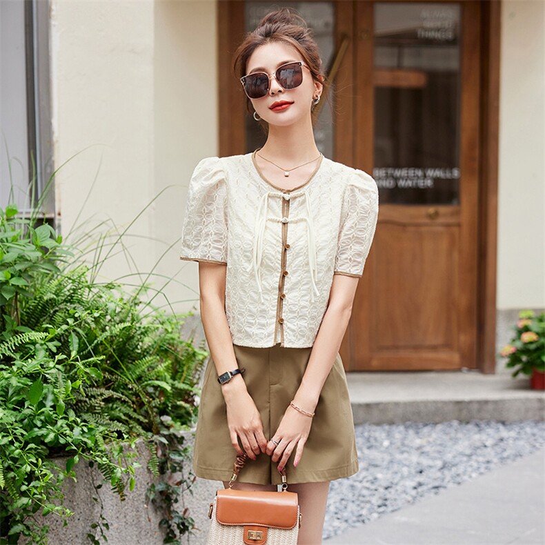 2023新款夏季新中式泡泡袖上衣配短裤套装,女装短裤/热裤,岚衣(原川流布茜）