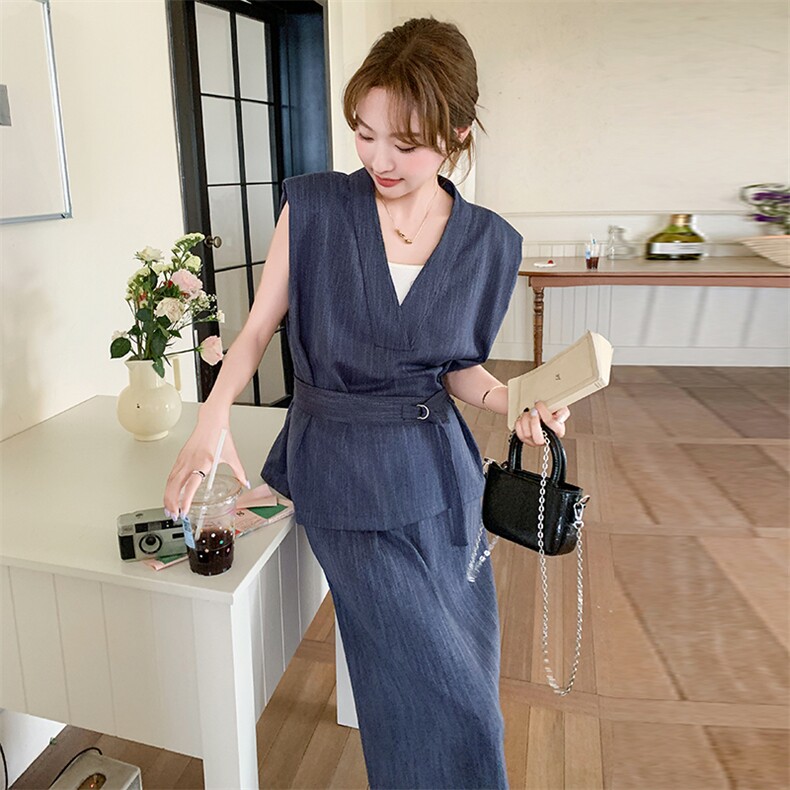 轻熟风韩系薄款牛仔马甲套装女夏季新款长款半身裙休闲显瘦两件套，女装套装/套裙，含赞