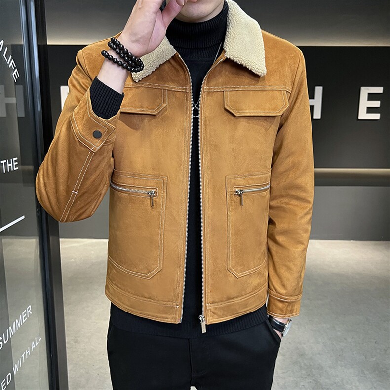 2023秋冬新款麂皮绒棉衣冬季工装夹克毛领棉袄加绒加厚羊羔绒外套，男装夹克，电商B248
