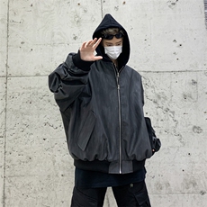 假两件套美式复古男春秋宽松休闲连帽pu皮纹理夹克外套JK9306-P85，男装夹克，星座308B-2