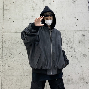 假两件套美式复古男春秋宽松休闲连帽pu皮纹理夹克外套JK9306-P85图片