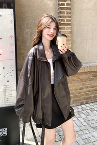 复古美式咖色机车服短外套女春秋2026超火好看高级小众皮夹克上衣图片
