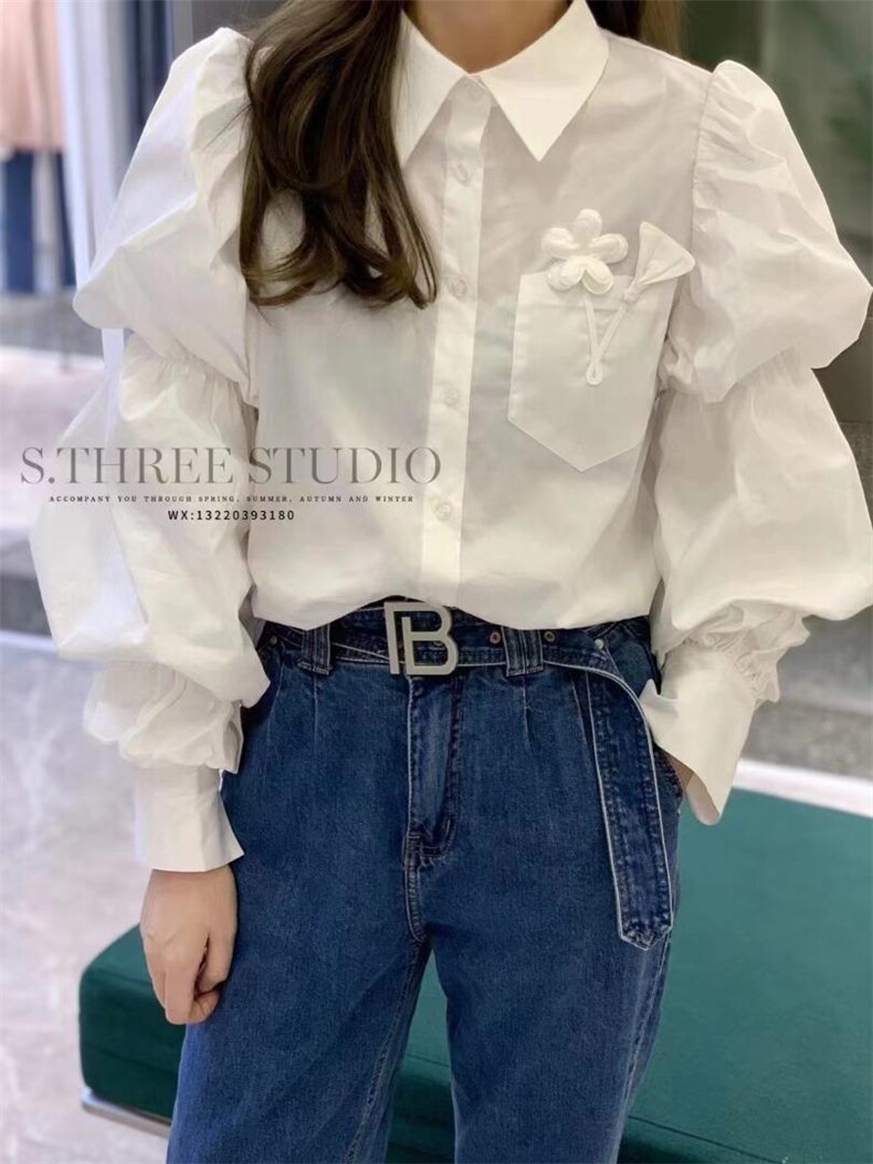 花朵泡泡袖衬衫，女装衬衫，戈朴