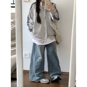 灰色三条杠外套男女美式卫衣休闲运动上衣春秋薄款立领开衫夹克图片