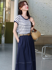 韩版微胖显瘦条纹拼接T恤+小个子牛仔配腰带半身裙夏新款两件套女，女装套装/套裙，超帛