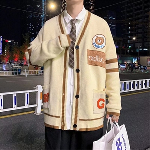 秋季宽松情侣装休闲针织衫复古慵懒风拼色V领开衫毛衣 M1071-P50图片