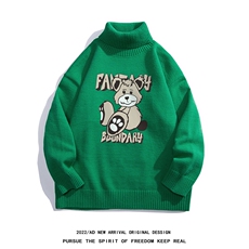 白底22秋冬ins趣味小熊印花宽松百搭可翻高领套头毛衣M959P55控78，男装针织衫/毛衣，电商A247-1
