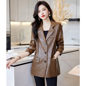 PU皮修身西服外套新款皮衣女植鞣油蜡皮做旧复古皮夹克图片