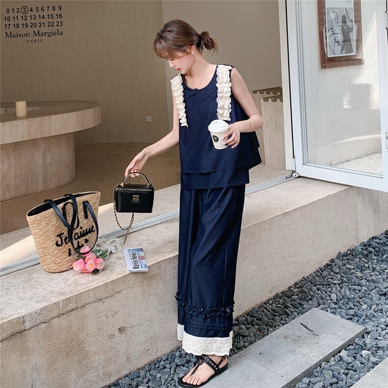 蕾丝木耳边无袖软牛仔上衣阔腿裤两件套女夏超火独特绝美韩系套装图片