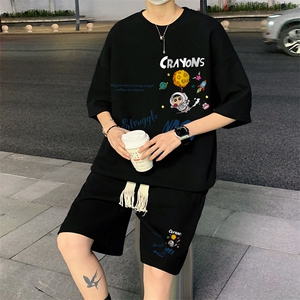 青少年男装帅气学生潮流休闲运动套装夏季华夫格短袖短裤酷帅穿搭图片