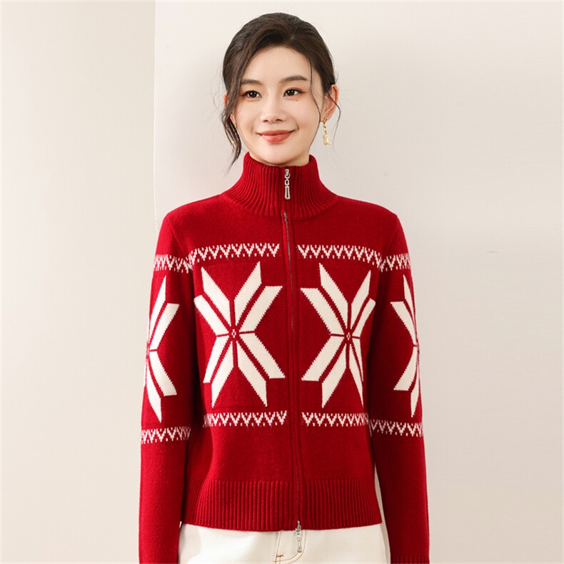 2025年秋季长袖两穿拉链八角花开衫时尚通勤休闲，女装羊毛衫，慕洵羊绒