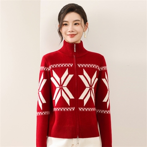 2025年秋季长袖两穿拉链八角花开衫时尚通勤休闲，女装羊毛衫，慕洵羊绒