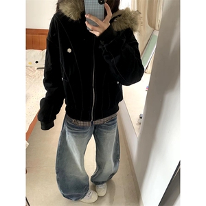 现货重磅boxy短款棉衣座山雕大毛毛领男女棉服水洗工装厚外套图片