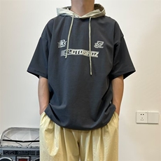 夏季新款日系复古拼接连帽短袖T恤男女生bf学院风休闲宽松外套潮，男装T恤，星座506A