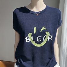 夏季莱赛尔天丝棉针织短袖女圆领T恤宽松笑脸刺绣桑蚕丝半袖上衣，女装T恤，凯思米羊绒