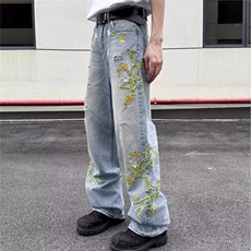 美式复古花卉刺绣设计感牛仔裤男女高街破洞直筒阔腿裤BA192-P60，男装牛仔裤，星座208-5