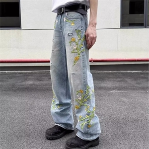 美式复古花卉刺绣设计感牛仔裤男女高街破洞直筒阔腿裤BA192-P60图片