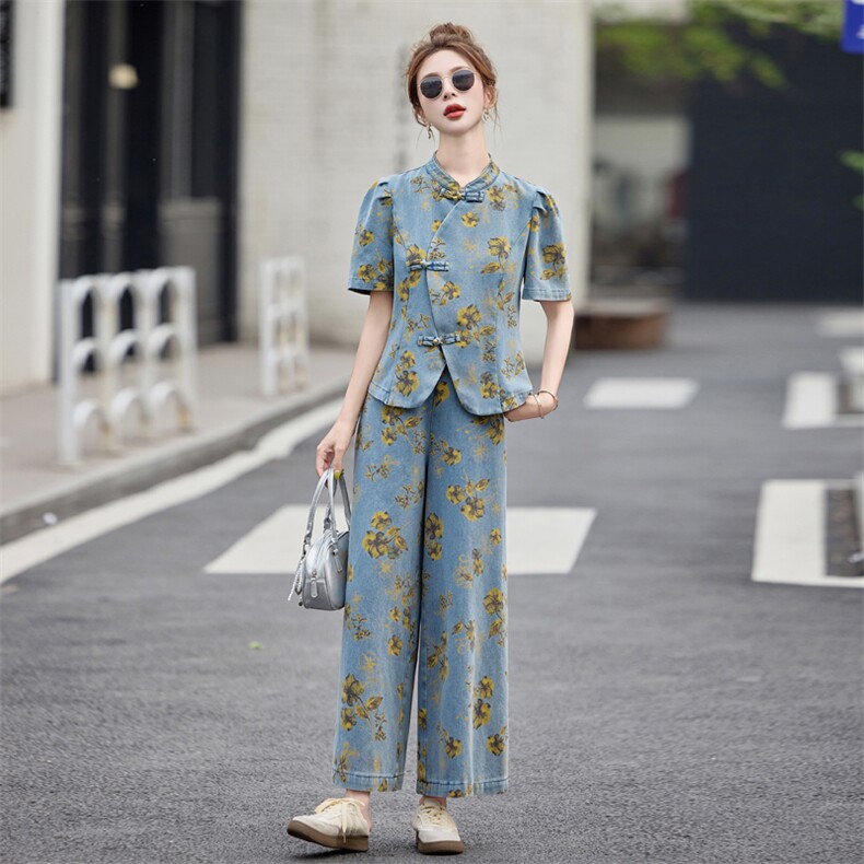 新中式印花牛仔套装女2025夏季新款爆款气质高级感阔腿裤两件套,女装套装/套裙,曼娅璐