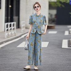 新中式印花牛仔套装女2025夏季新款爆款气质高级感阔腿裤两件套，女装套装/套裙，曼娅璐