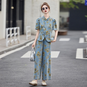 新中式印花牛仔套装女2025夏季新款爆款气质高级感阔腿裤两件套图片