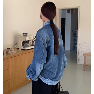 秋冬季新款蓝白格子撞色翻领假两件宽松牛仔夹克男女外套JKC311图片