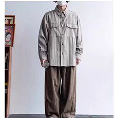 春秋季日系套装复古竖条纹长袖衬衫男女学院风宽松休闲叠穿衬衣，男装休闲套装，星座506A