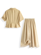 气质优雅纯色短袖收腰衬衫阔腿裙裤两件套女，女装衬衫，水衣源