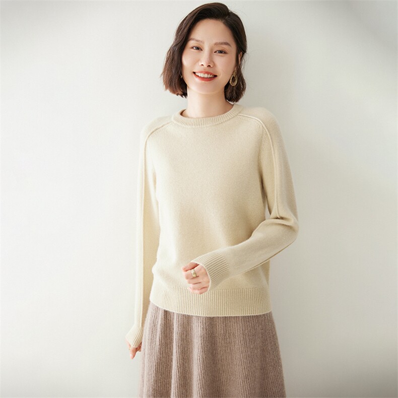 时尚插肩圆领女士羊绒衫舒适保暖优雅百搭,女装羊绒衫,迎冬羊绒