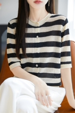 条纹天丝针织短袖开衫T恤女2025夏季新款宽松圆领薄百搭小衫上衣，女装蕾丝衫/雪纺衫，暖烁羊绒
