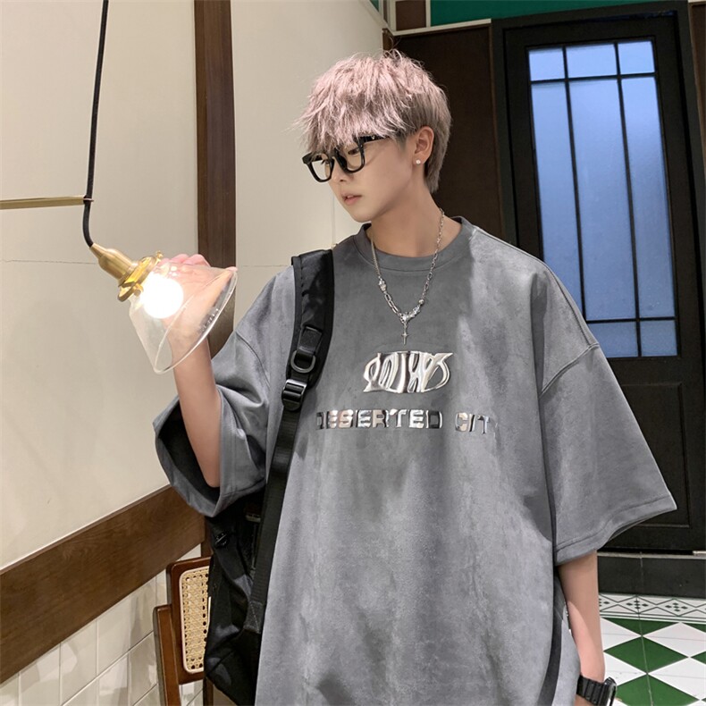 T2325 P30 控48 高品质麂皮绒短袖烫金印花T恤情侣男图片